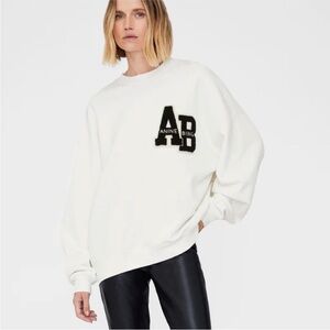 Anine Bing White Miles Oversized Crewneck with Black AB Letterman Patch